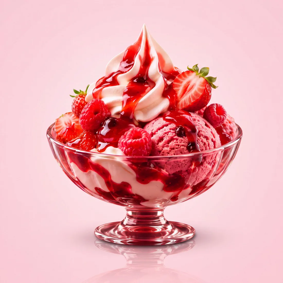 Coupe fraise : glace fraise, crème fouettée, coulis rouge, fraises fraîches