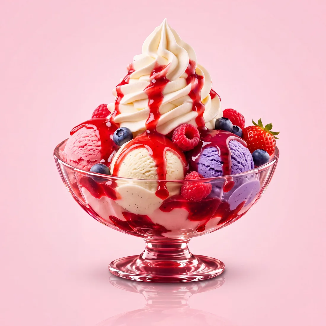 Coupe mixte : glaces fraise, vanille et myrtille, crème fouettée, coulis rouge et fruits rouges