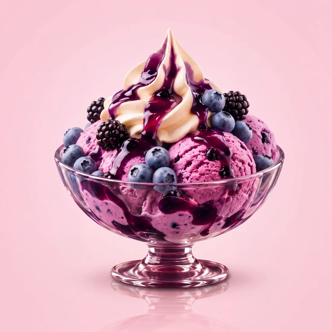 Coupe myrtille : glace myrtille, crème fouettée, coulis de myrtille, myrtilles et mûres